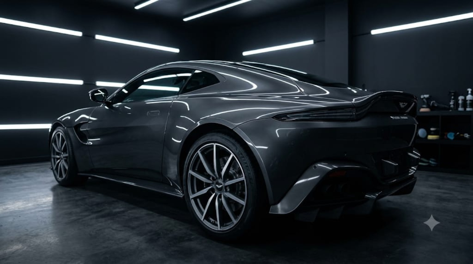Grey Aston Martin Vantage rear view after paint correction